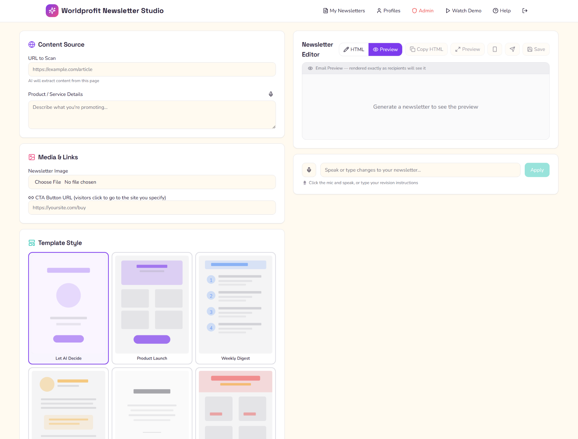 Worldprofit Newsletter Studio app interface